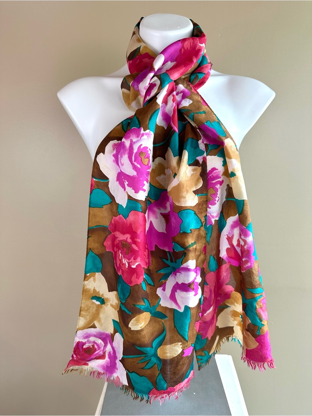 Vintage 100% Silk Long Floral Scarf Brown Pink Teal Fringe Oblong Wrap Old Money
